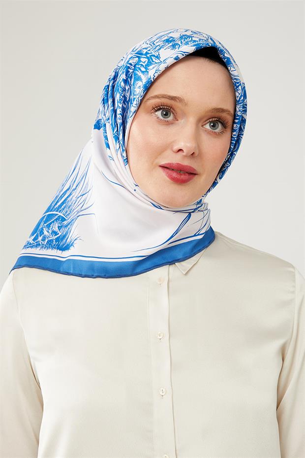 Lacivert Sazlık Desen Trend Twill Eşarp