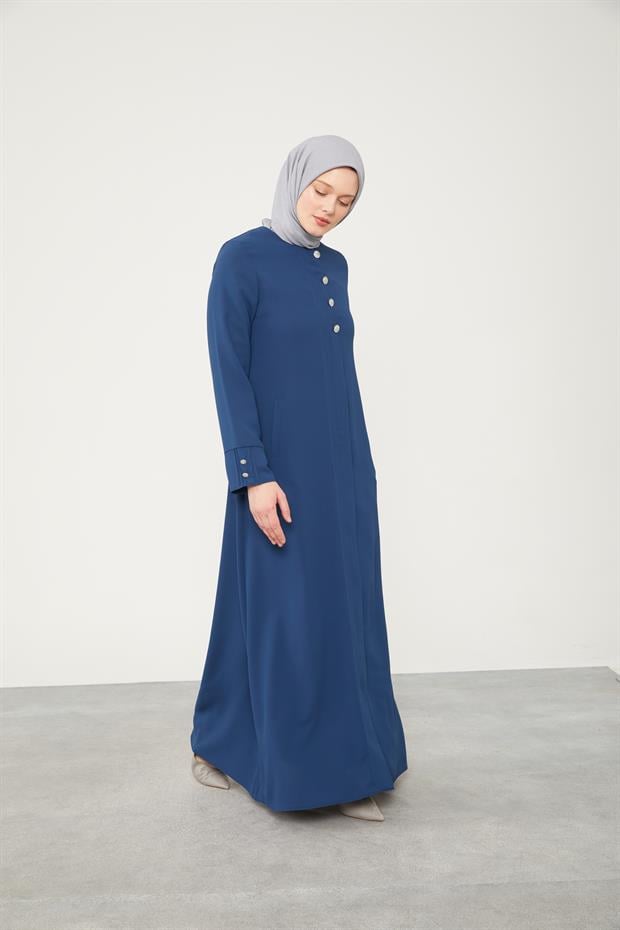 Lacivert Taş Düğmeli Bisiklet Yaka Ferace