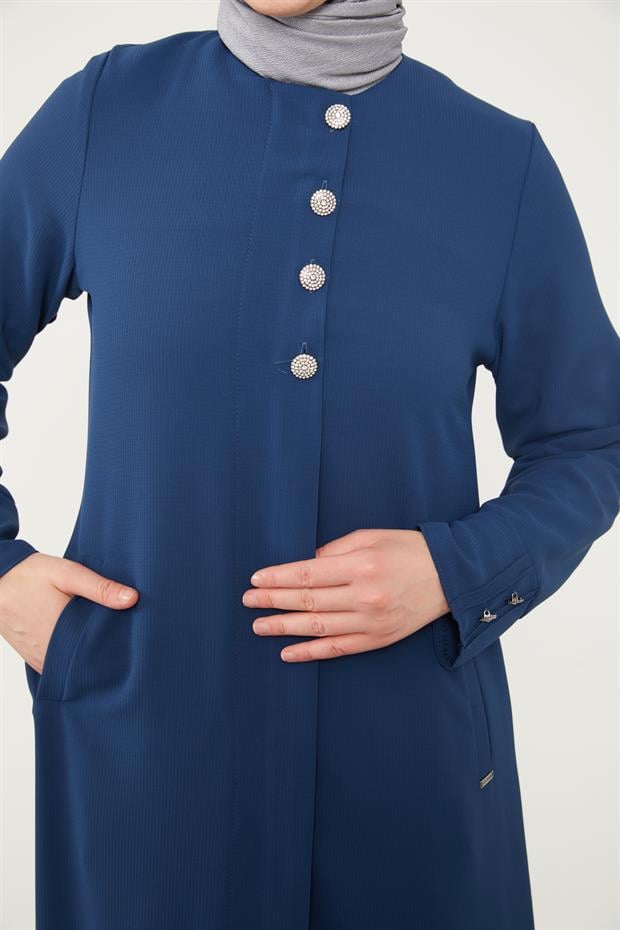 Lacivert Taş Düğmeli Bisiklet Yaka Ferace