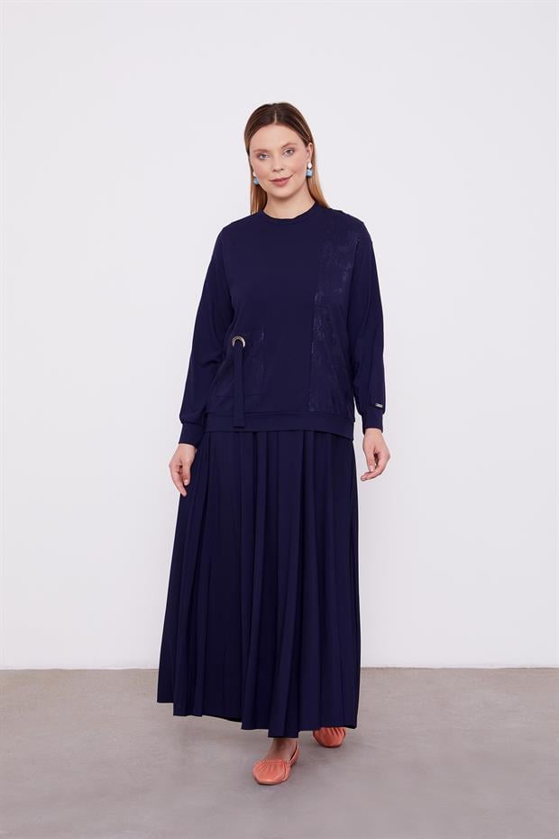 Lacivert Varak Detaylı Etek Takım