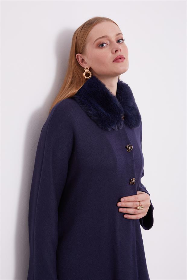 Lacivert Yakası Kürklü Kaşmir Hırka