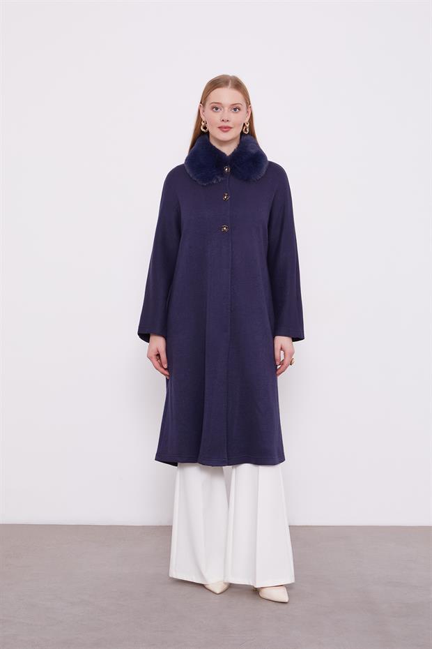 Lacivert Yakası Kürklü Kaşmir Hırka