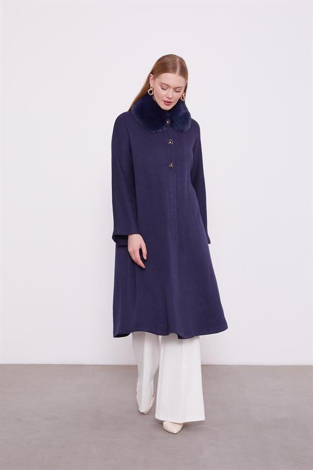 Lacivert Yakası Kürklü Kaşmir Hırka