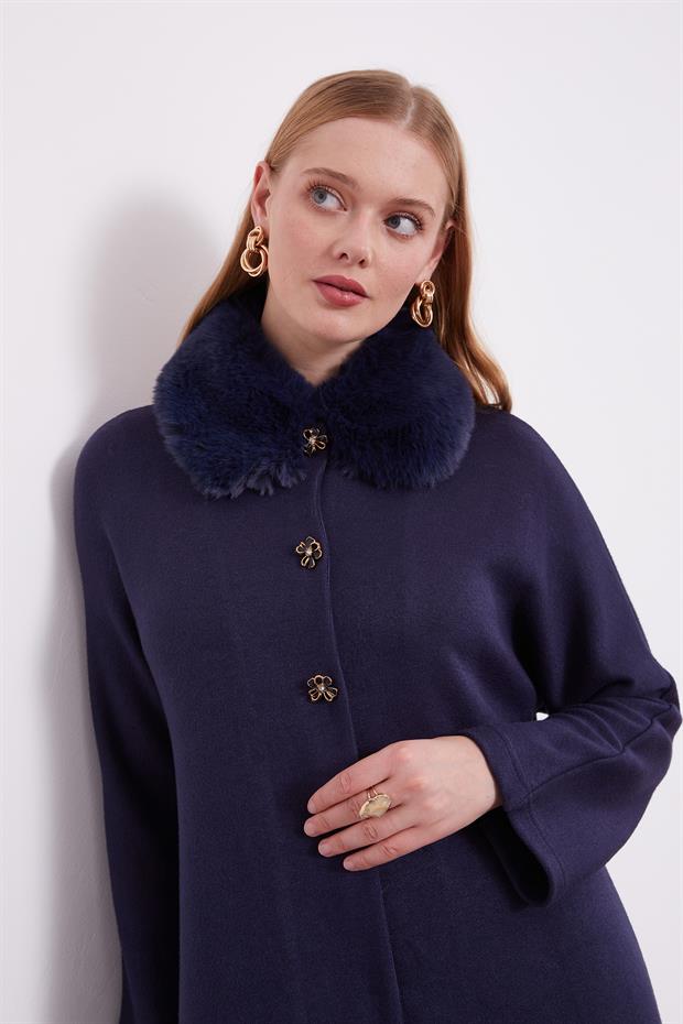 Lacivert Yakası Kürklü Kaşmir Hırka