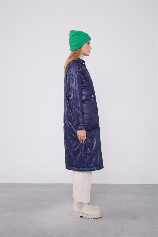 Lacivert Cep Detaylı Şişme Mont