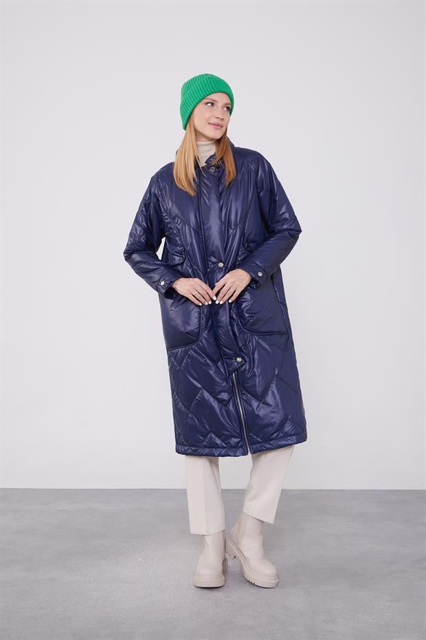 Lacivert Cep Detaylı Şişme Mont