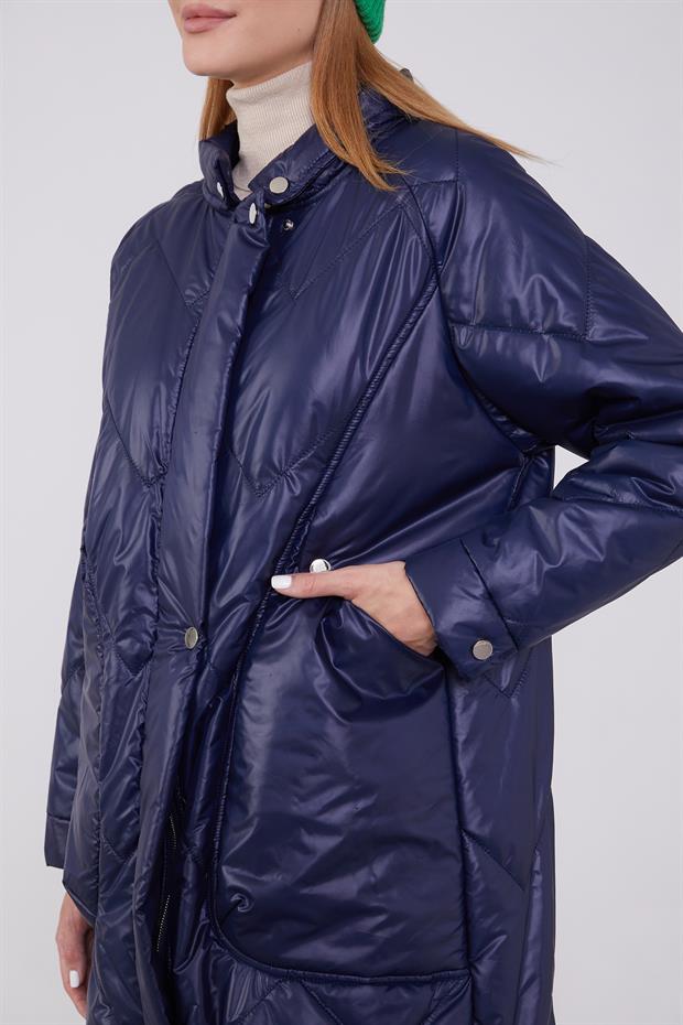 Lacivert Cep Detaylı Şişme Mont