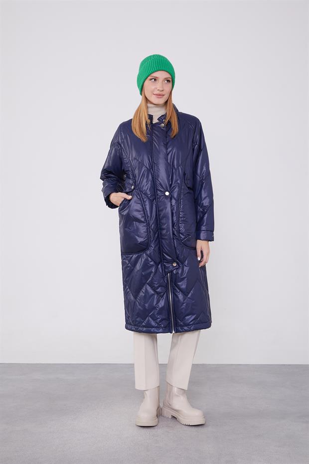 Lacivert Cep Detaylı Şişme Mont