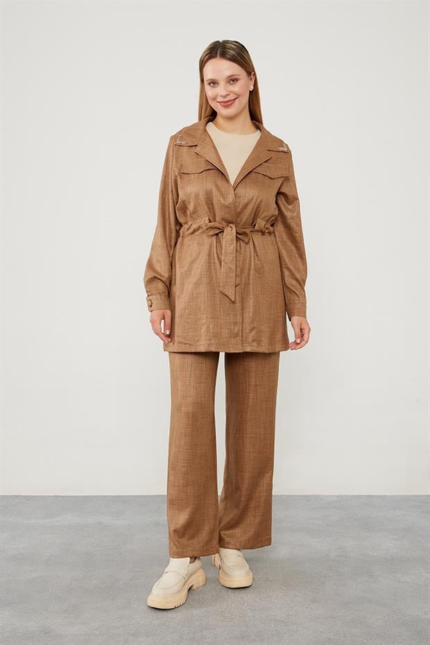 Latte Yakası Taş İşlemeli Ceket Takım