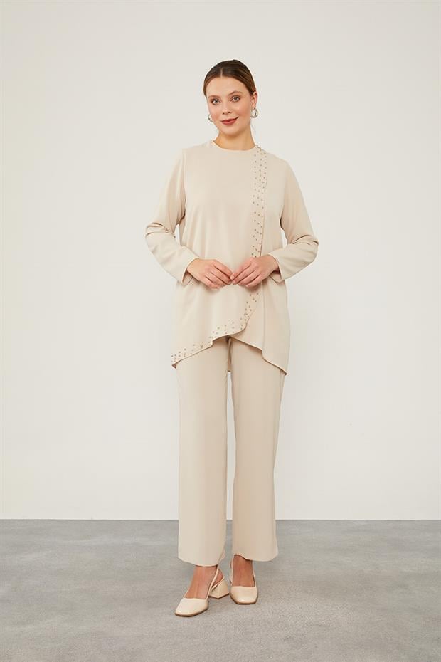 Latte İnci İşlemeli Şifon İkili Takım