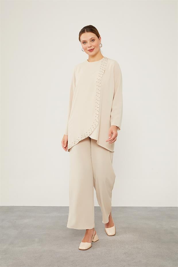 Latte İnci İşlemeli Şifon İkili Takım