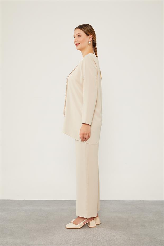 Latte İnci İşlemeli Şifon İkili Takım