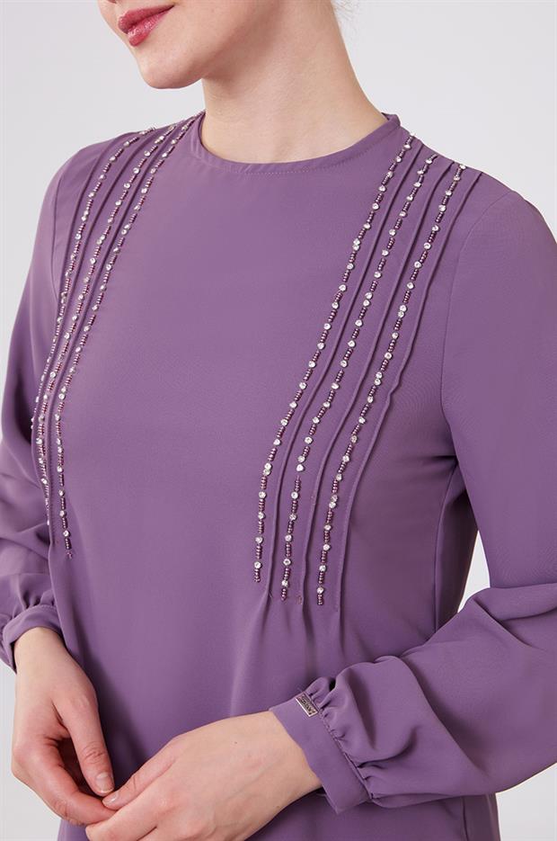 Lila Boncuk İşlemeli Tunik Takım