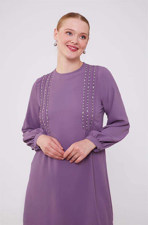 Lila Boncuk İşlemeli Tunik Takım