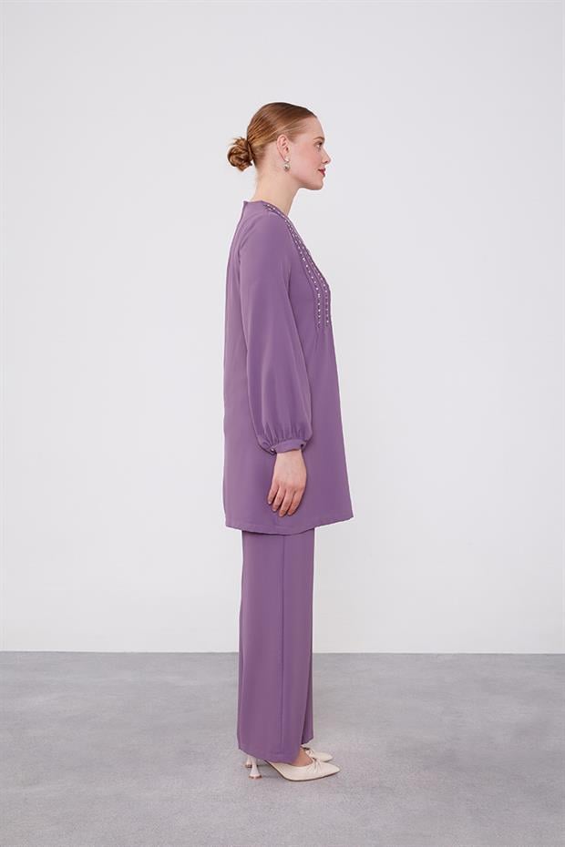 Lila Boncuk İşlemeli Tunik Takım