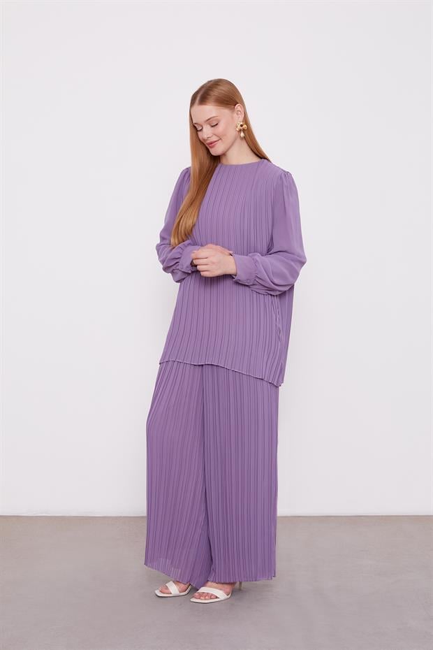 Lila Piliseli Şifon İkili Takım