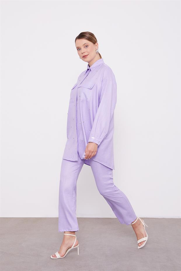 Lila Taş İşlemeli Melanj Gömlek İkili Takım