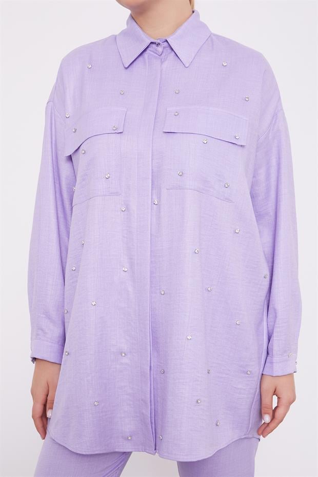 Lila Taş İşlemeli Melanj Gömlek İkili Takım