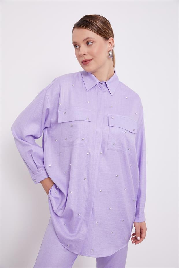 Lila Taş İşlemeli Melanj Gömlek İkili Takım