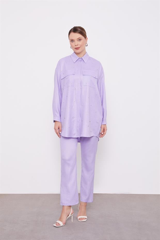 Lila Taş İşlemeli Melanj Gömlek İkili Takım