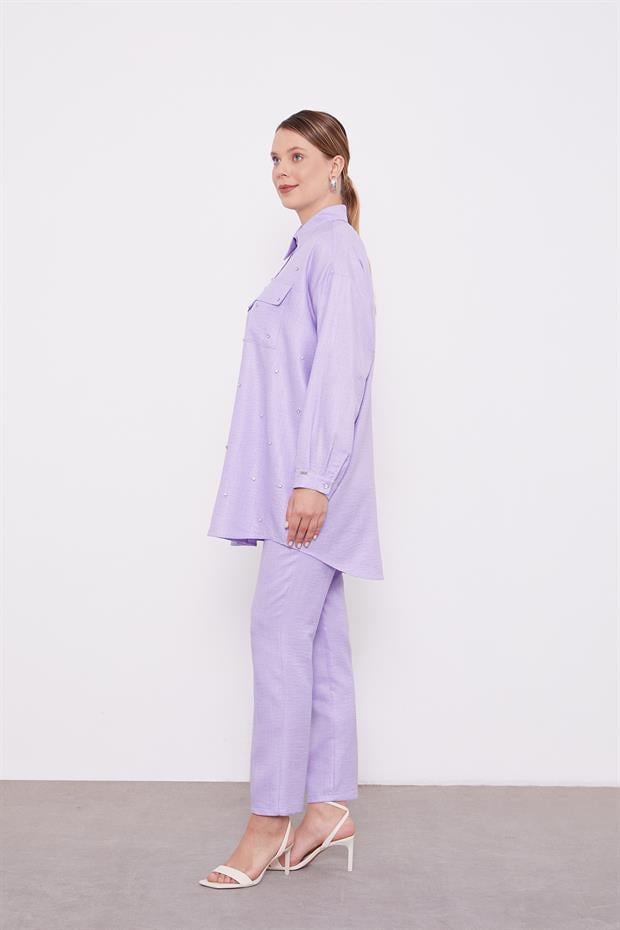 Lila Taş İşlemeli Melanj Gömlek İkili Takım