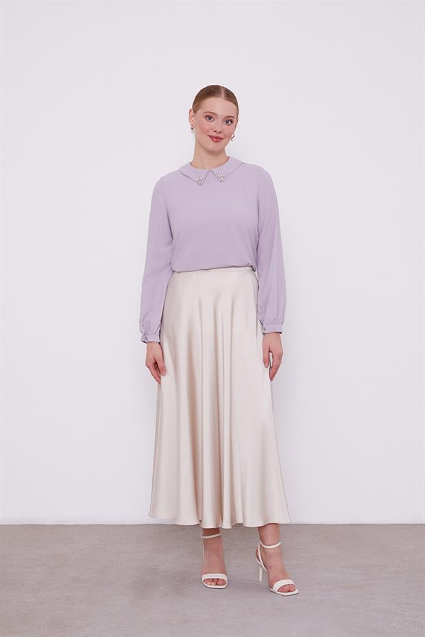 Lila Yaka İşlemeli Bluz