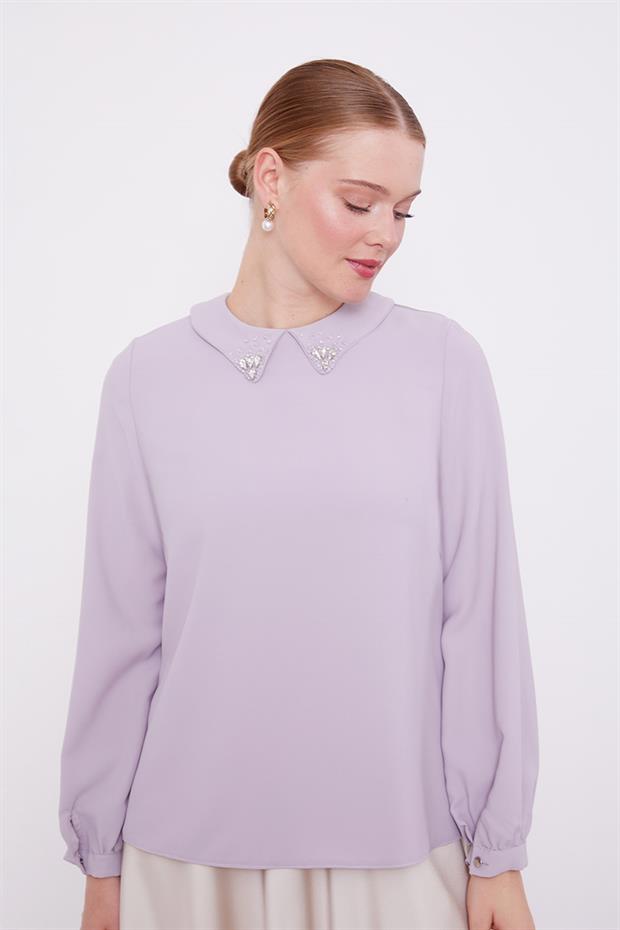 Lila Yaka İşlemeli Bluz