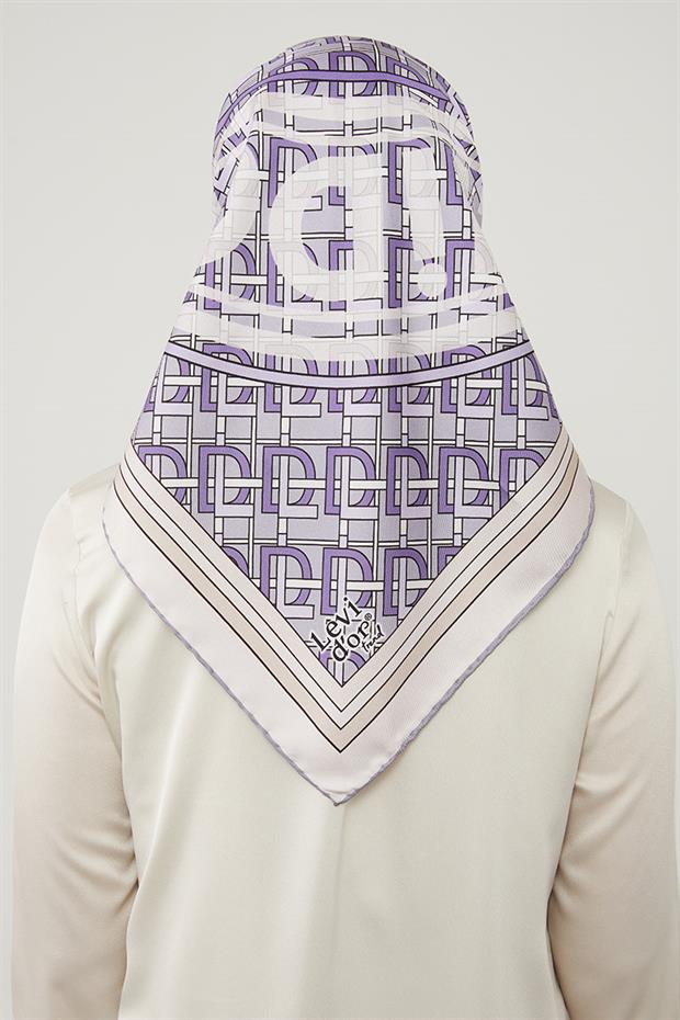 Lila Yazı Baskılı Trend Twill Eşarp