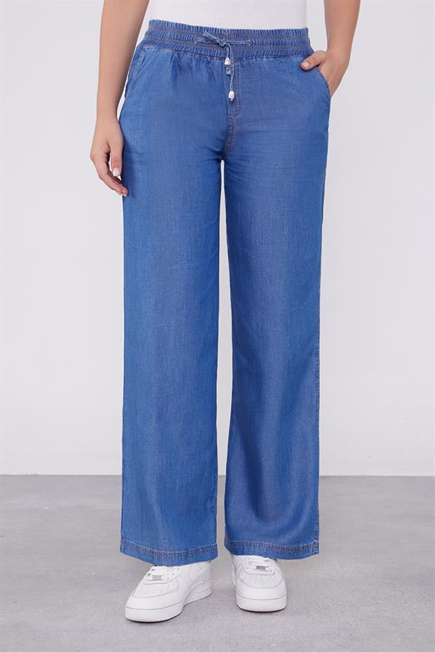 Mavi Beli Lastikli Jean Görünümlü Pantolon