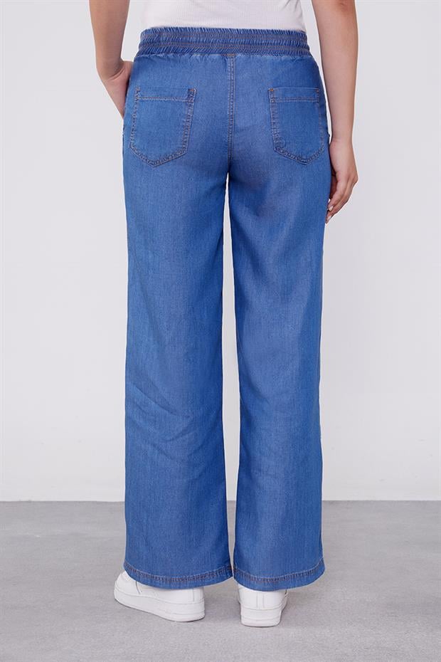 Mavi Beli Lastikli Jean Görünümlü Pantolon