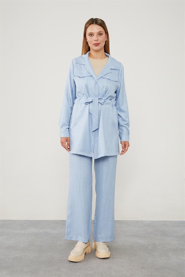 Mavi Yakası Taş İşlemeli Ceket Takım