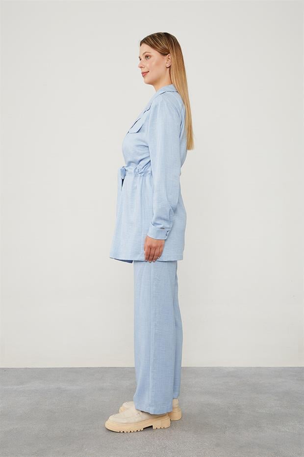 Mavi Yakası Taş İşlemeli Ceket Takım