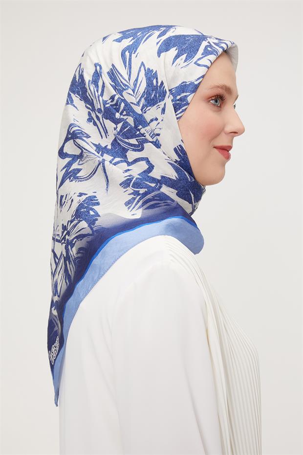 Mavi Çiçek Soyut Desen Modal İpek Eşarp