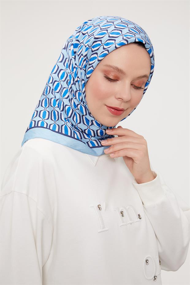 Mavi Elips Desen Modal İpek Eşarp