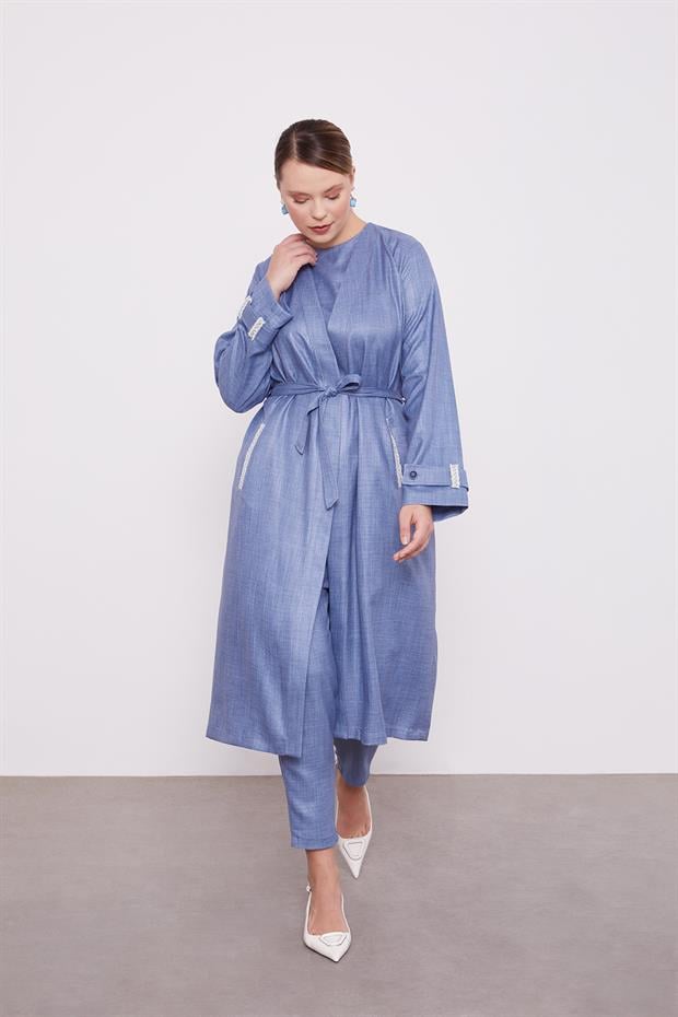 Mavi İşlemeli  Melanj Kimono Üçlü Takım