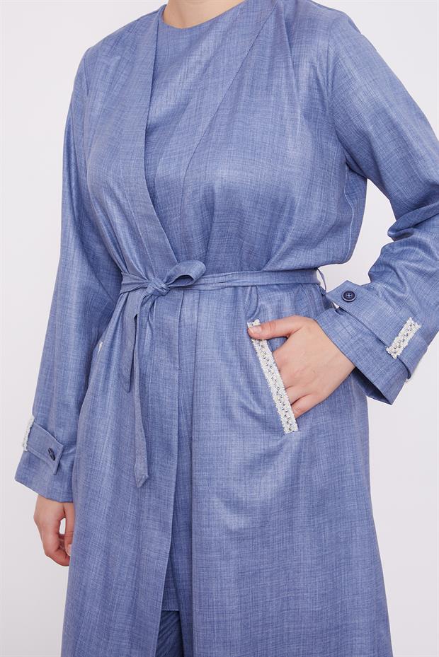 Mavi İşlemeli  Melanj Kimono Üçlü Takım