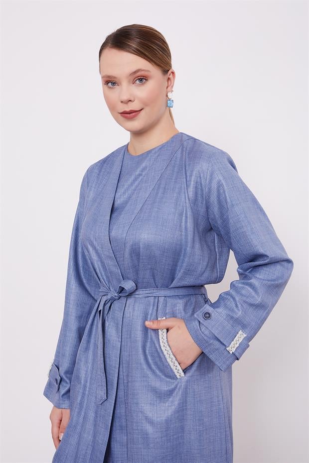 Mavi İşlemeli  Melanj Kimono Üçlü Takım