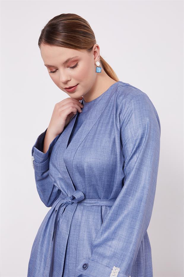 Mavi İşlemeli  Melanj Kimono Üçlü Takım