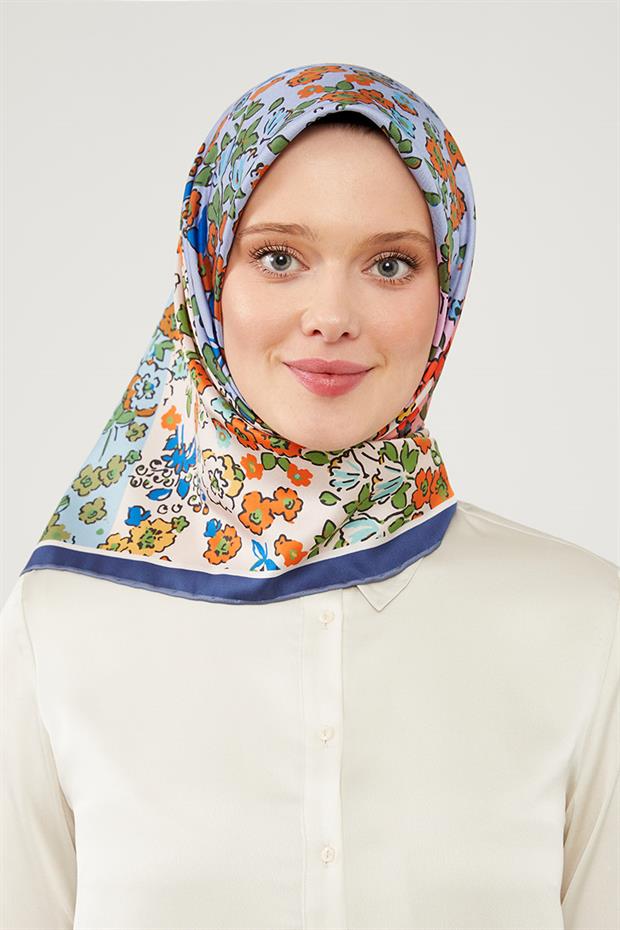 Mavi Mine Çiçeği Trend Twill Eşarp