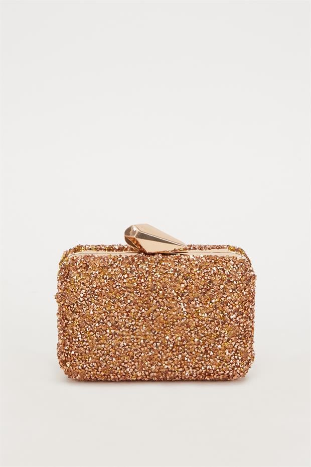 Mini Bakır Kare Taşlı Abiye El Çantası