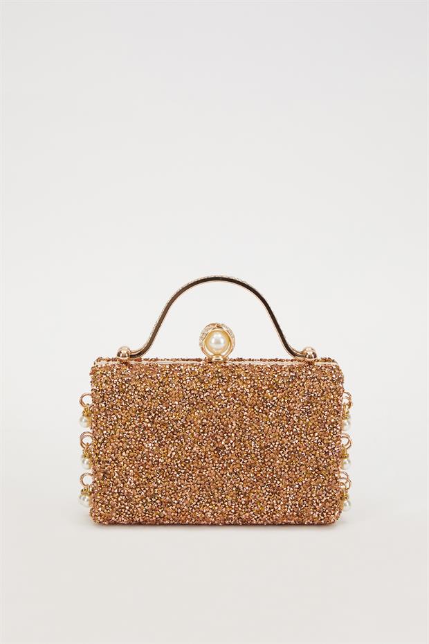 Mini Gold İnci Taşlı Abiye El Çantası