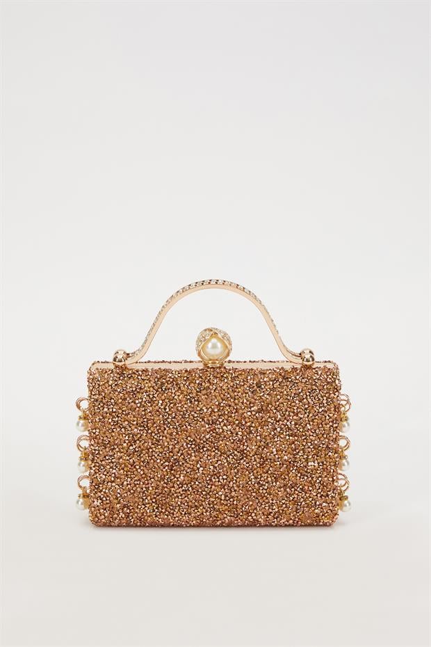 Mini Gold İnci Taşlı Abiye El Çantası