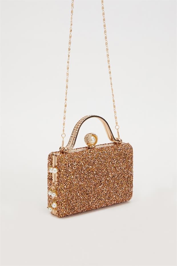 Mini Gold İnci Taşlı Abiye El Çantası