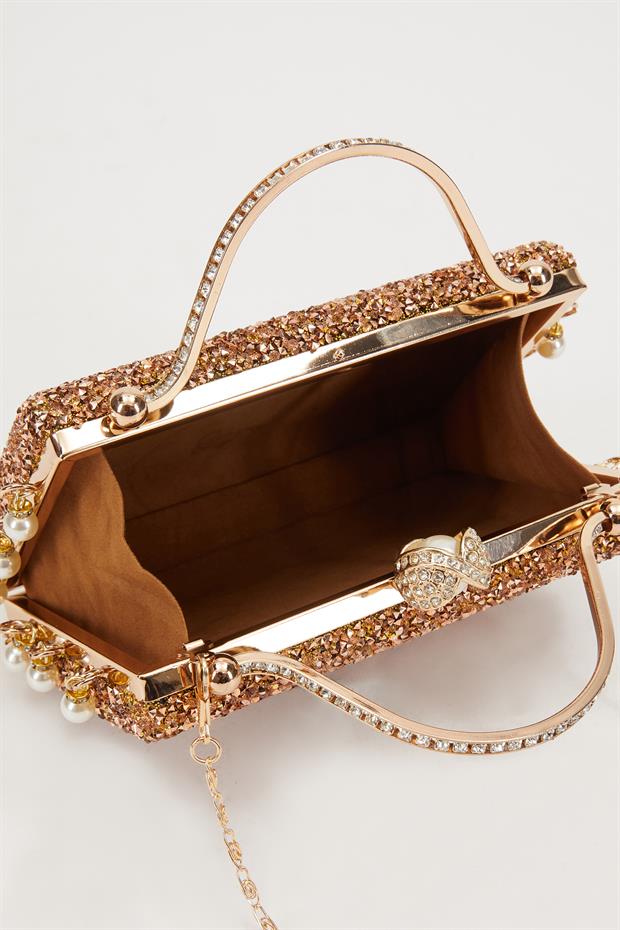 Mini Gold İnci Taşlı Abiye El Çantası