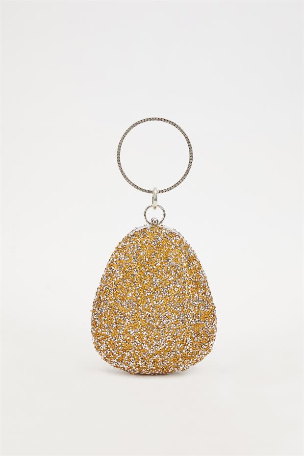 Mini Gold Oval Taşlı Abiye El Çantası