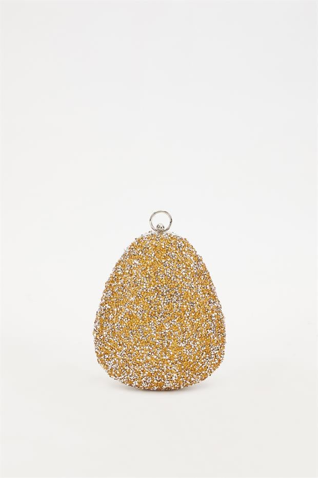 Mini Gold Oval Taşlı Abiye El Çantası