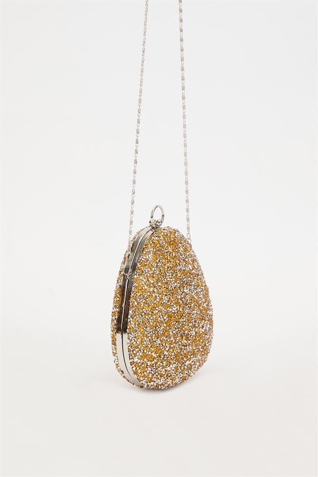 Mini Gold Oval Taşlı Abiye El Çantası
