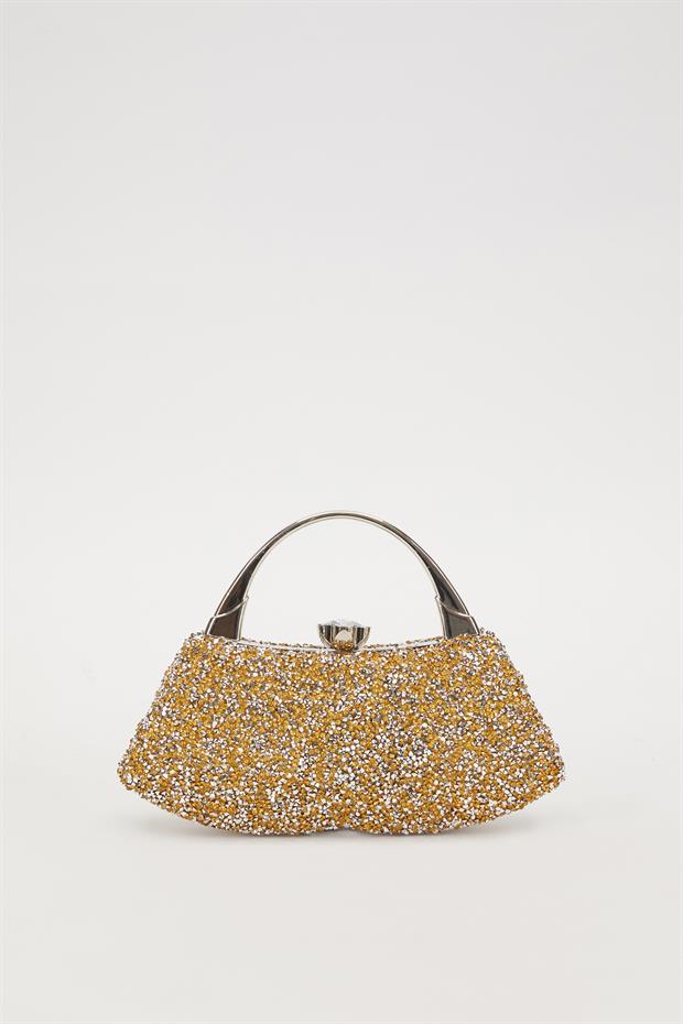 Mini Gold Taşlı Abiye El Çantası