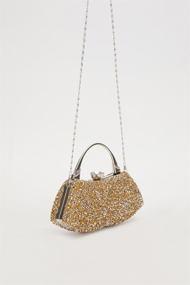 Mini Gold Taşlı Abiye El Çantası