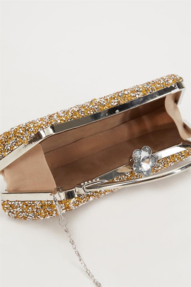 Mini Gold Taşlı Abiye El Çantası